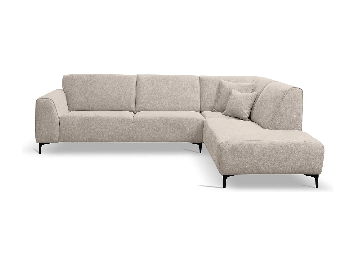 Canapé d'angle Mula, couleur : beige, tissu velours, pouf à droite