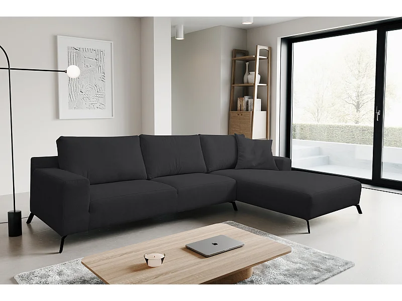 Ecksofa Aspen, Eckcouch in L-Form, Coach Farbe: Schwarz, Velourstoff, Ottomane Rechts