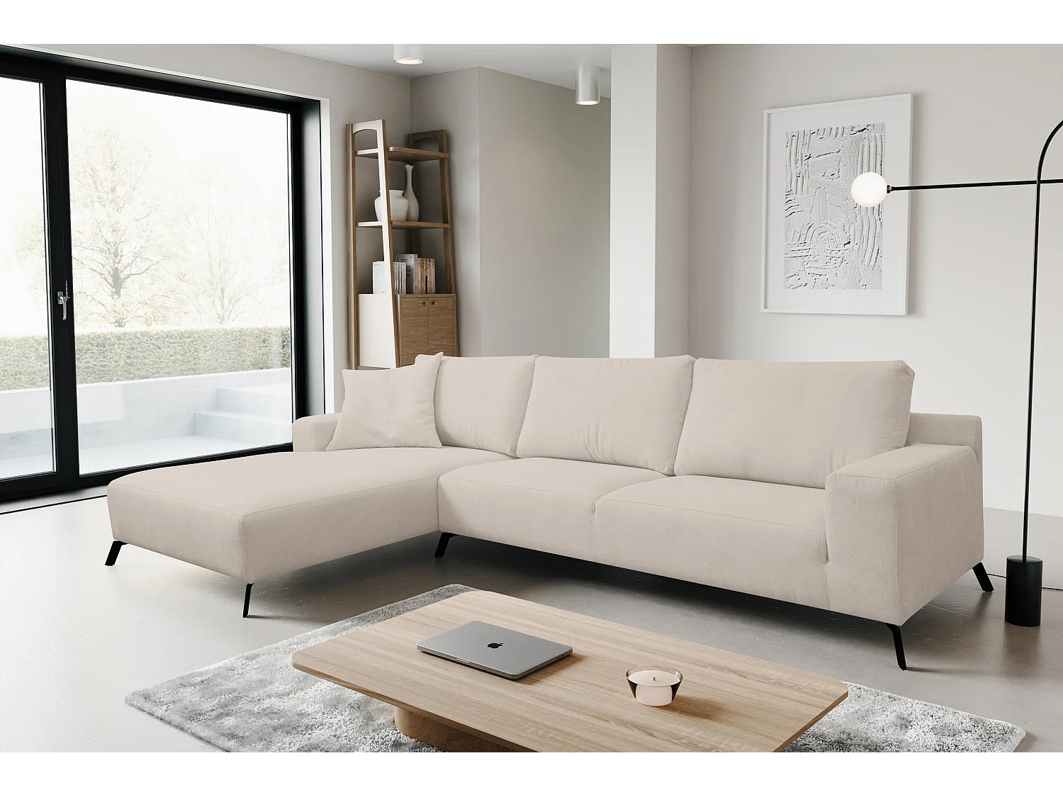 Canapé d'angle Aspen, couleur : beige, tissu velours, pouf à gauche