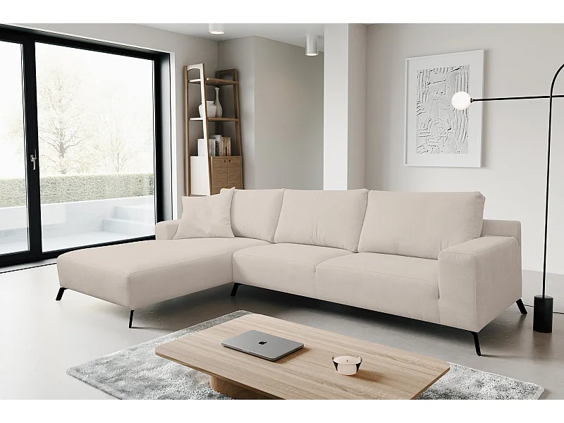 Ecksofa Aspen, Eckcouch in L-Form, Coach Farbe: Beige, Velourstoff, Ottomane Links
