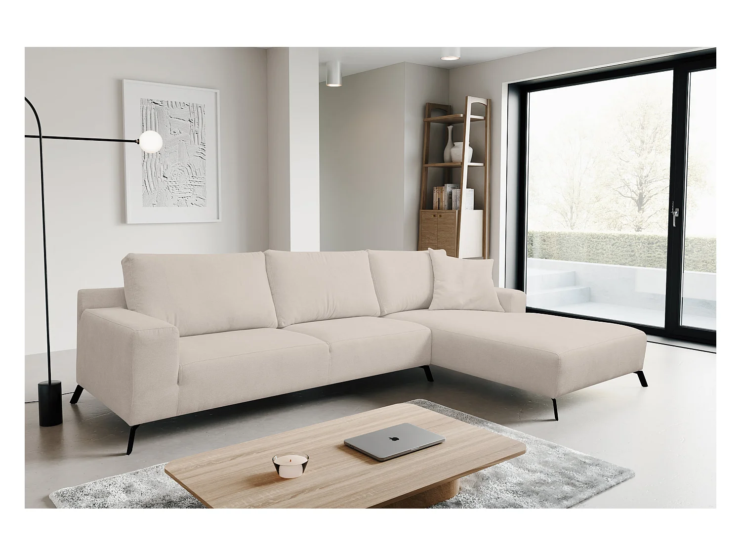Hoekbank Aspen, hoekbank in L-vorm, kleur: beige, veloursstof, ottomane rechts