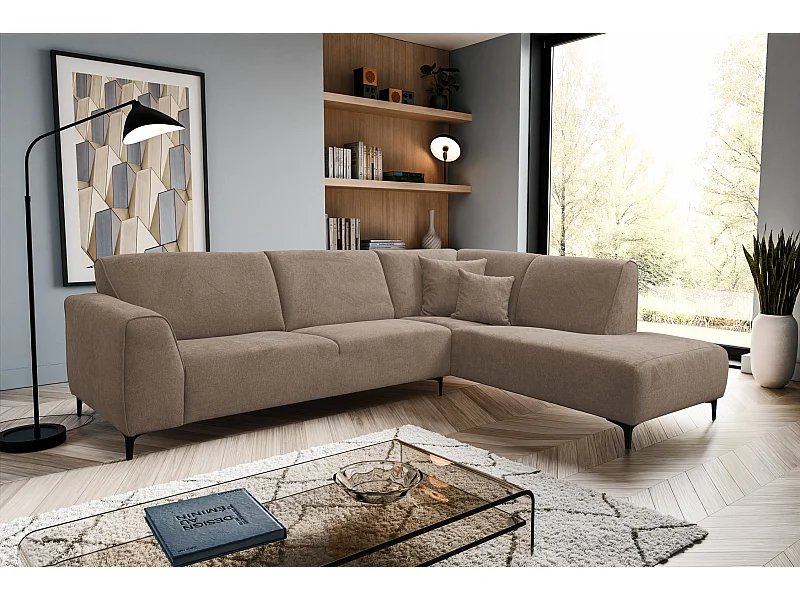 Canapé d'angle Mula, couleur : marron, tissu velours, pouf à droite