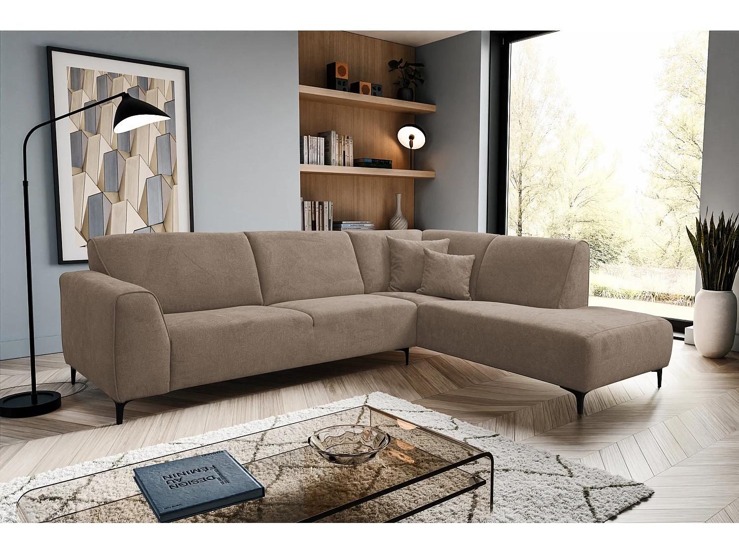 Canapé d'angle Mula, couleur : marron, tissu velours, pouf à droite