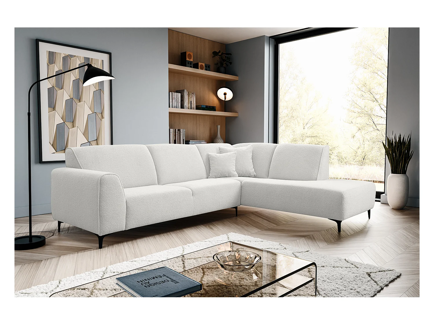 Canapé d'angle Mula, couleur Coach : blanc, tissu bouclé, pouf à droite