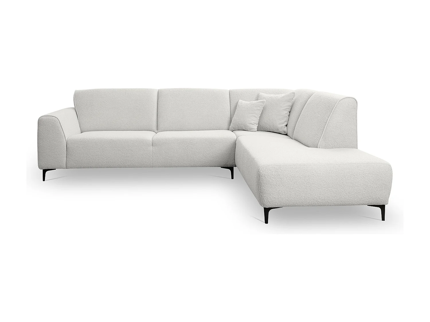 Canapé d'angle Mula, couleur Coach : blanc, tissu bouclé, pouf à droite