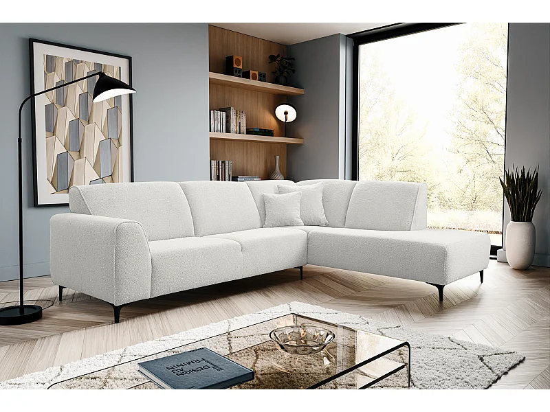 Hoekbank Mula, hoekbank in L-vorm, coach Kleur: wit, bouclé-stof, ottomane rechts