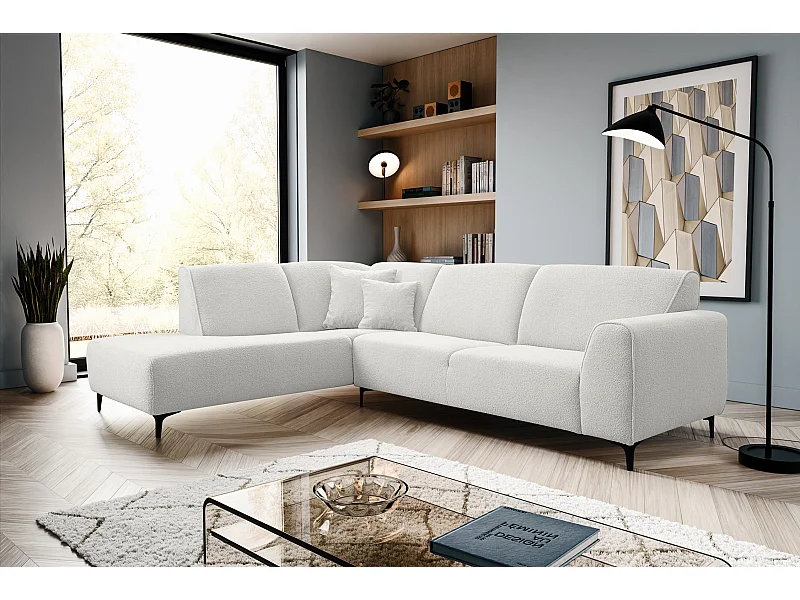 Canapé d'angle Mula, couleur Coach : blanc, tissu bouclé, pouf à gauche