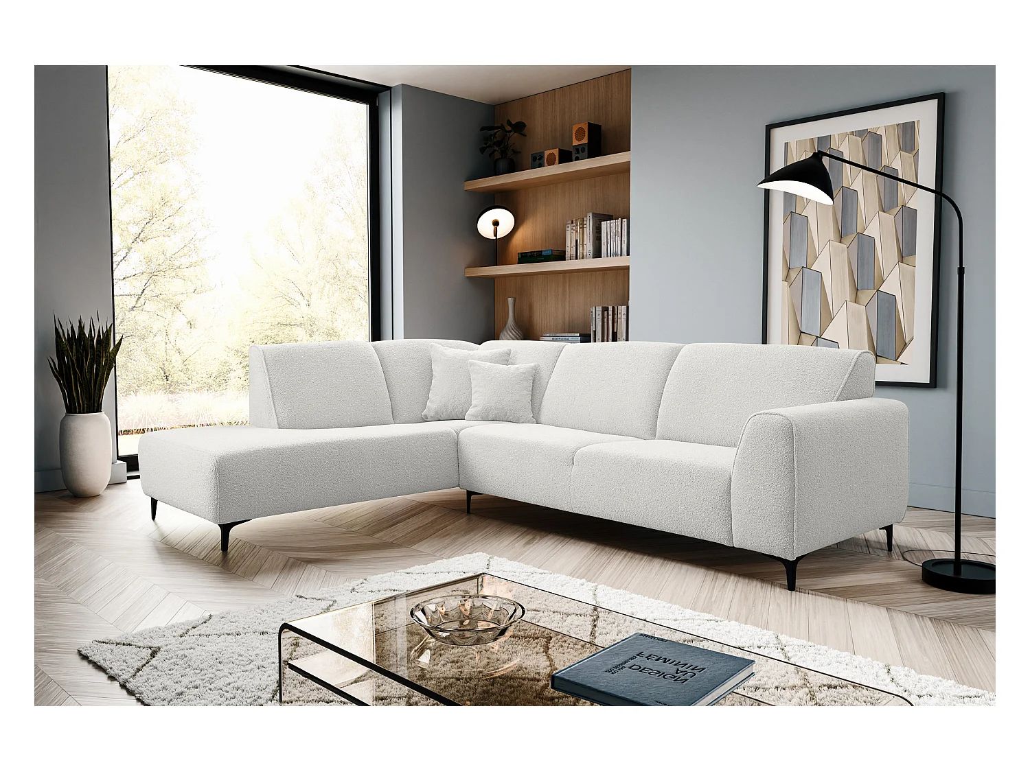 Canapé d'angle Mula, couleur Coach : blanc, tissu bouclé, pouf à gauche