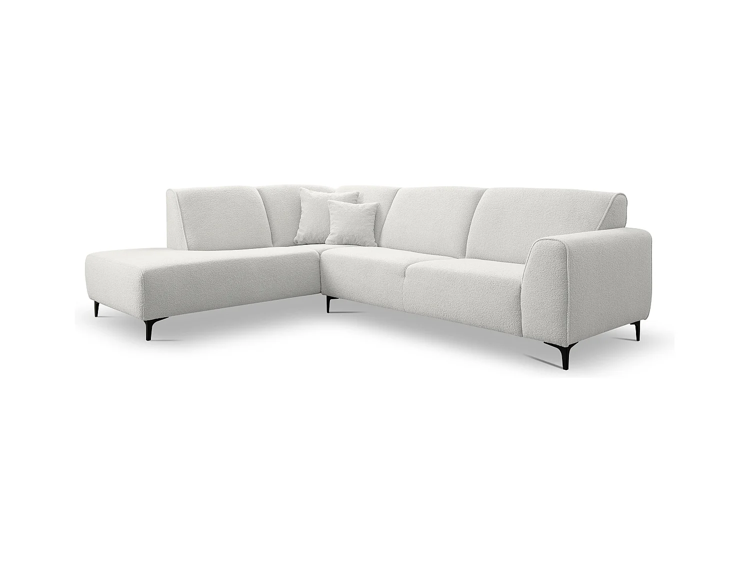 Canapé d'angle Mula, couleur Coach : blanc, tissu bouclé, pouf à gauche