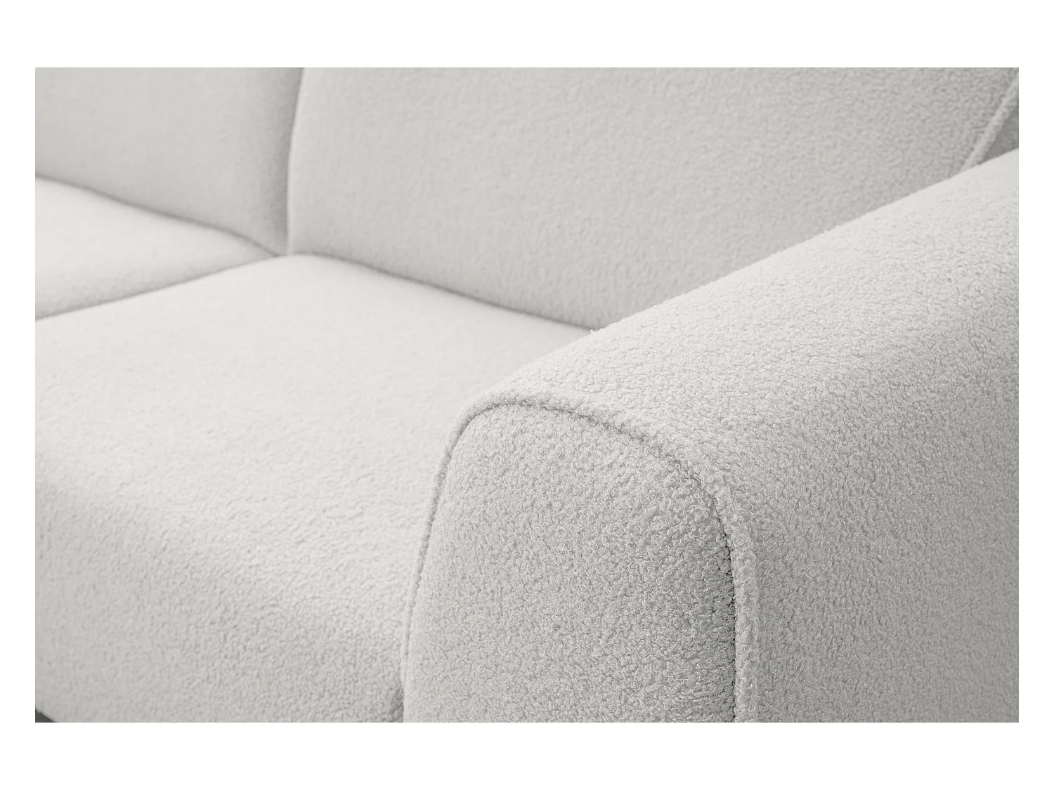 Canapé d'angle Mula, couleur Coach : blanc, tissu bouclé, pouf à gauche