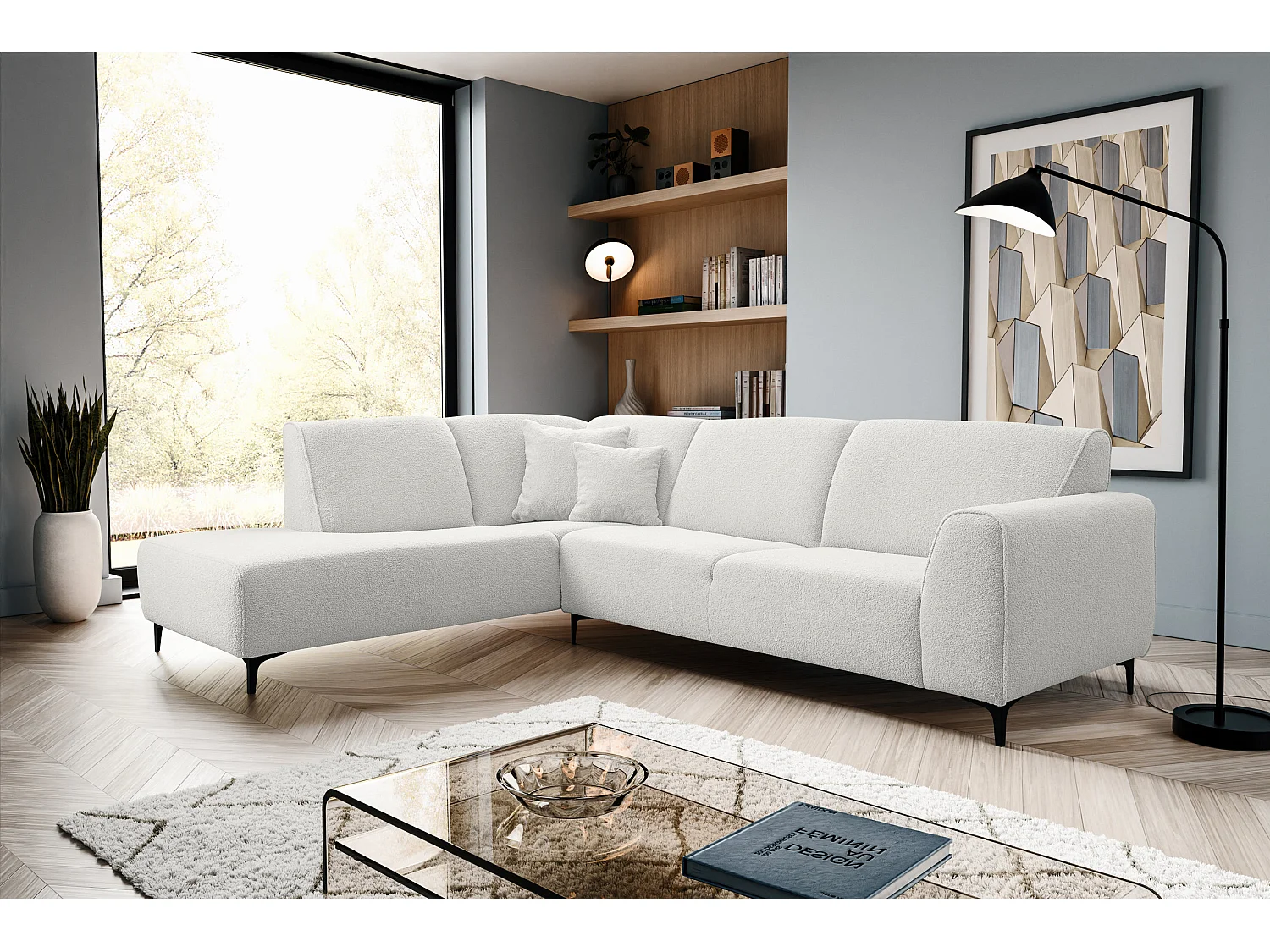 Canapé d'angle Mula, couleur Coach : blanc, tissu bouclé, pouf à gauche