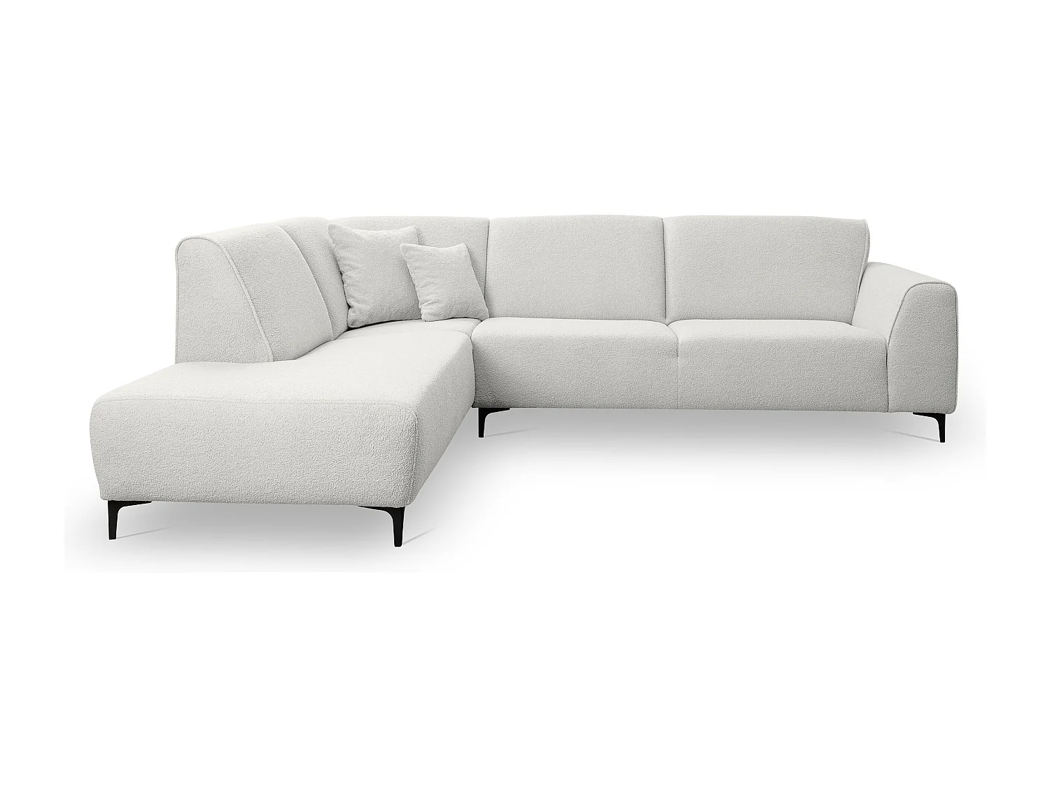 Canapé d'angle Mula, couleur Coach : blanc, tissu bouclé, pouf à gauche