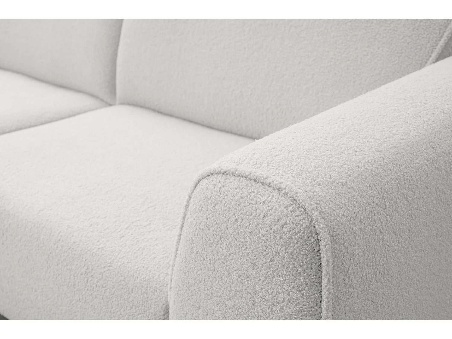 Canapé d'angle Mula, couleur Coach : blanc, tissu bouclé, pouf à gauche