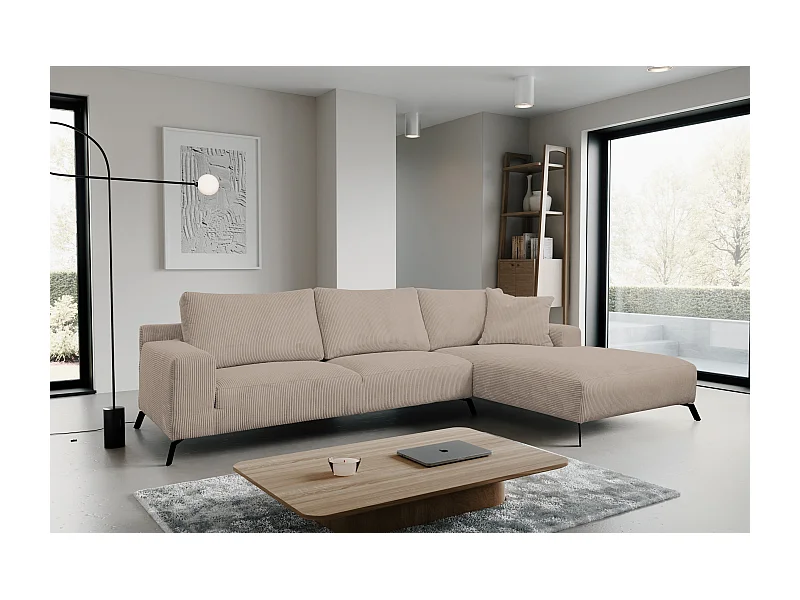 Canapé d'angle Aspen, couleur : marron, tissu velours côtelé, pouf à droite