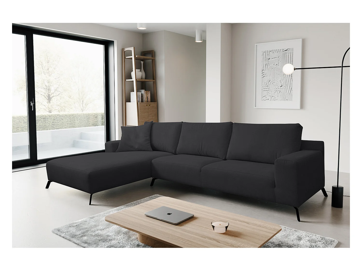 Canapé d'angle Aspen, couleur du canapé : noir, tissu velours, pouf à gauche
