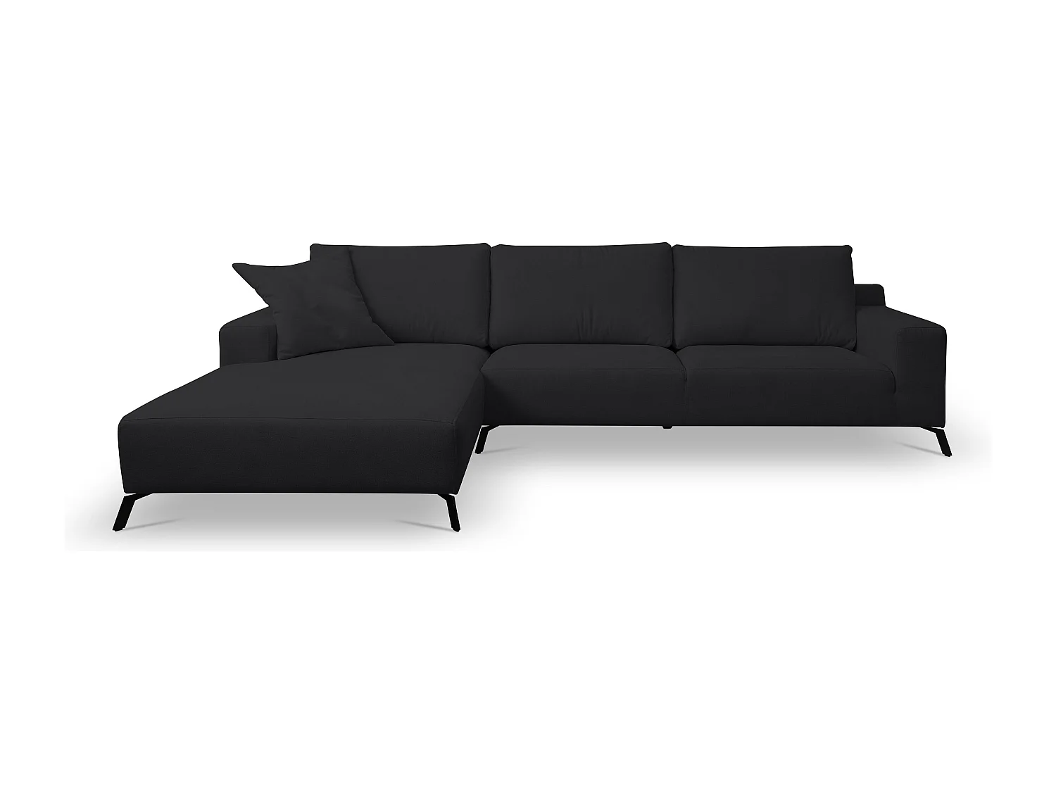 Canapé d'angle Aspen, couleur du canapé : noir, tissu velours, pouf à gauche