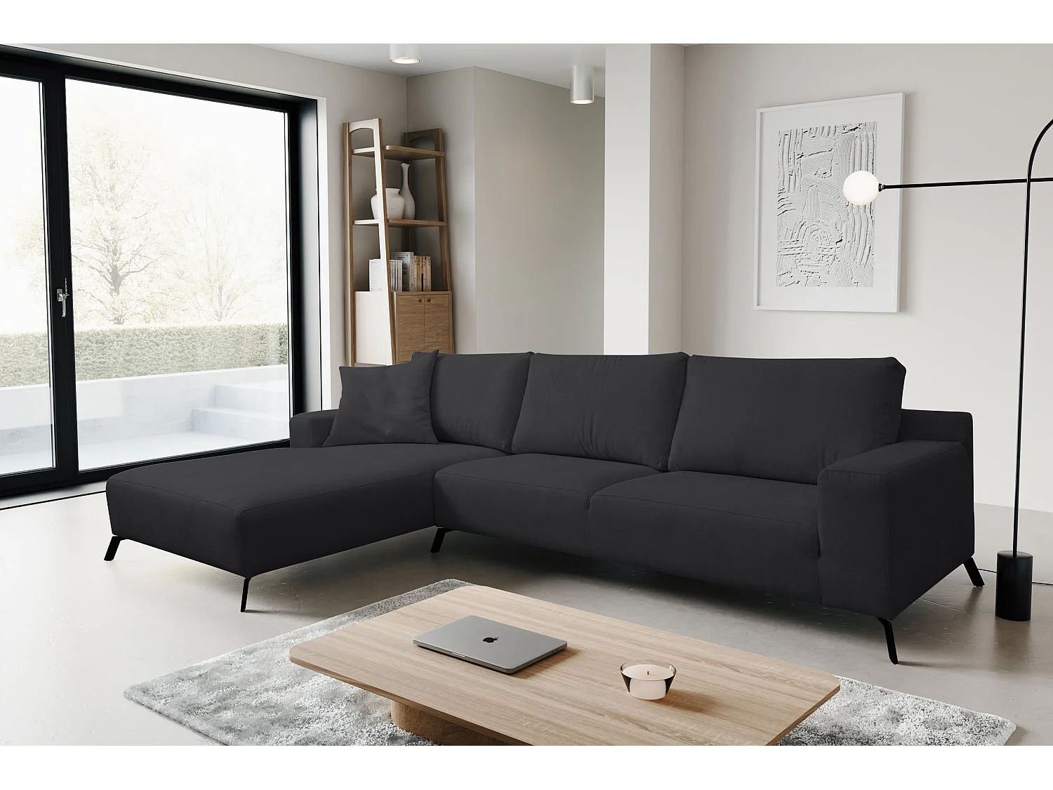 Canapé d'angle Aspen, couleur du canapé : noir, tissu velours, pouf à gauche