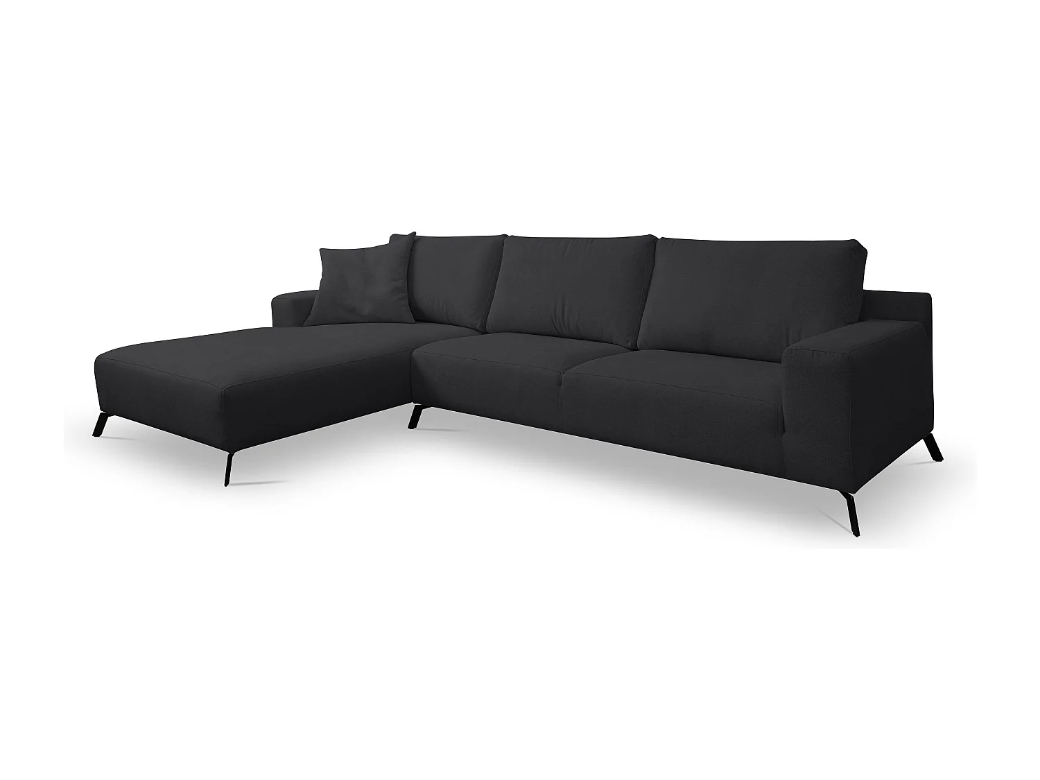 Canapé d'angle Aspen, couleur du canapé : noir, tissu velours, pouf à gauche