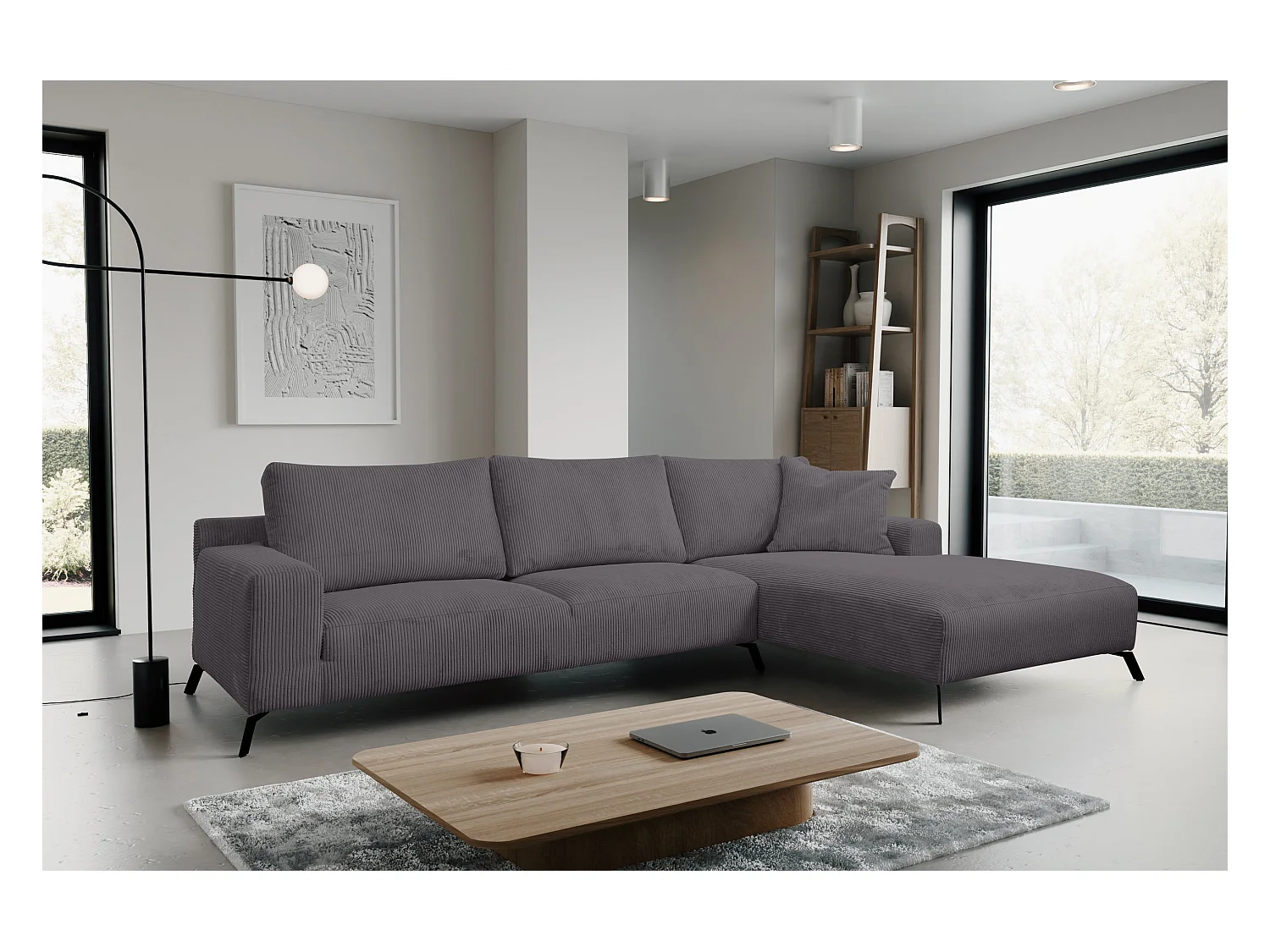 Canapé d'angle Aspen, couleur : gris foncé, tissu velours côtelé, pouf à droite