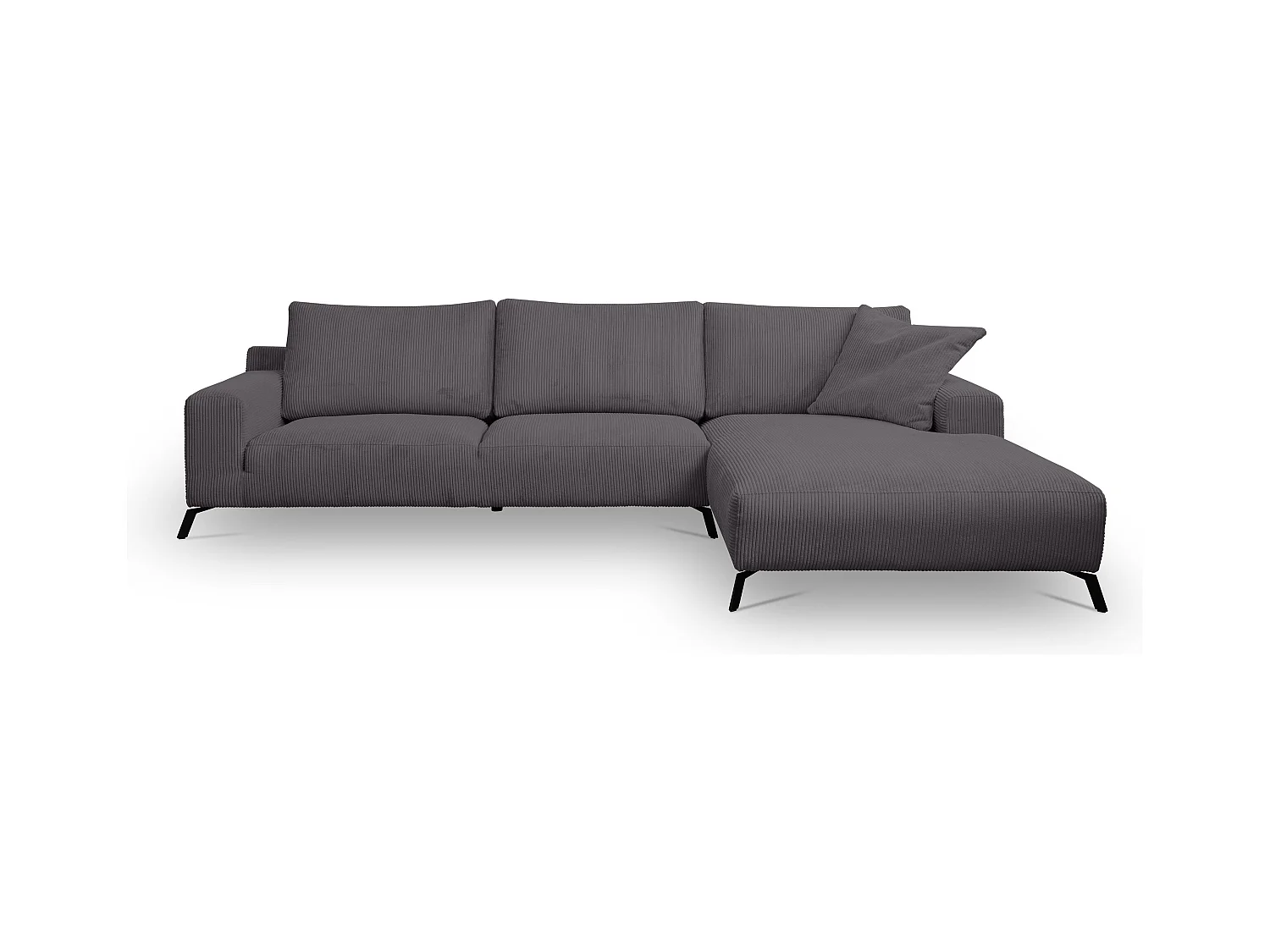 Canapé d'angle Aspen, couleur : gris foncé, tissu velours côtelé, pouf à droite