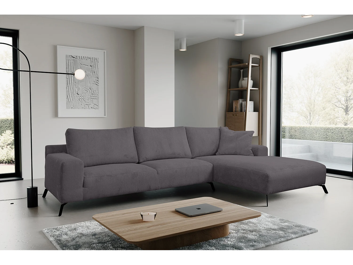 Canapé d'angle Aspen, couleur : gris foncé, tissu velours côtelé, pouf à droite