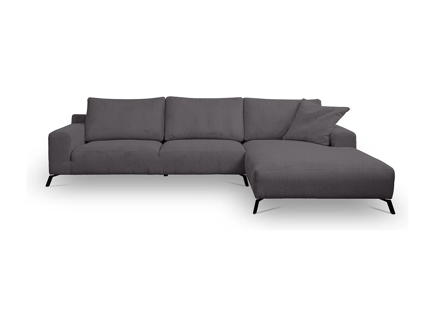 Canapé d'angle Aspen, couleur : gris foncé, tissu velours côtelé, pouf à droite