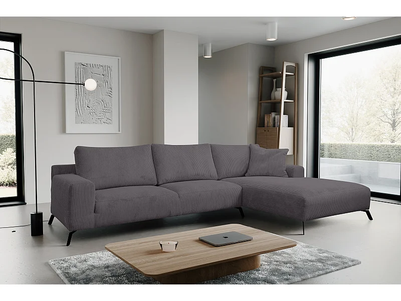 Canapé d'angle Aspen, couleur : gris foncé, tissu velours côtelé, pouf à droite