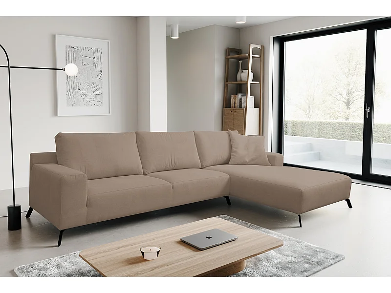 Ecksofa Aspen, Eckcouch in L-Form, Coach Farbe: Braun, Velourstoff, Ottomane Rechts