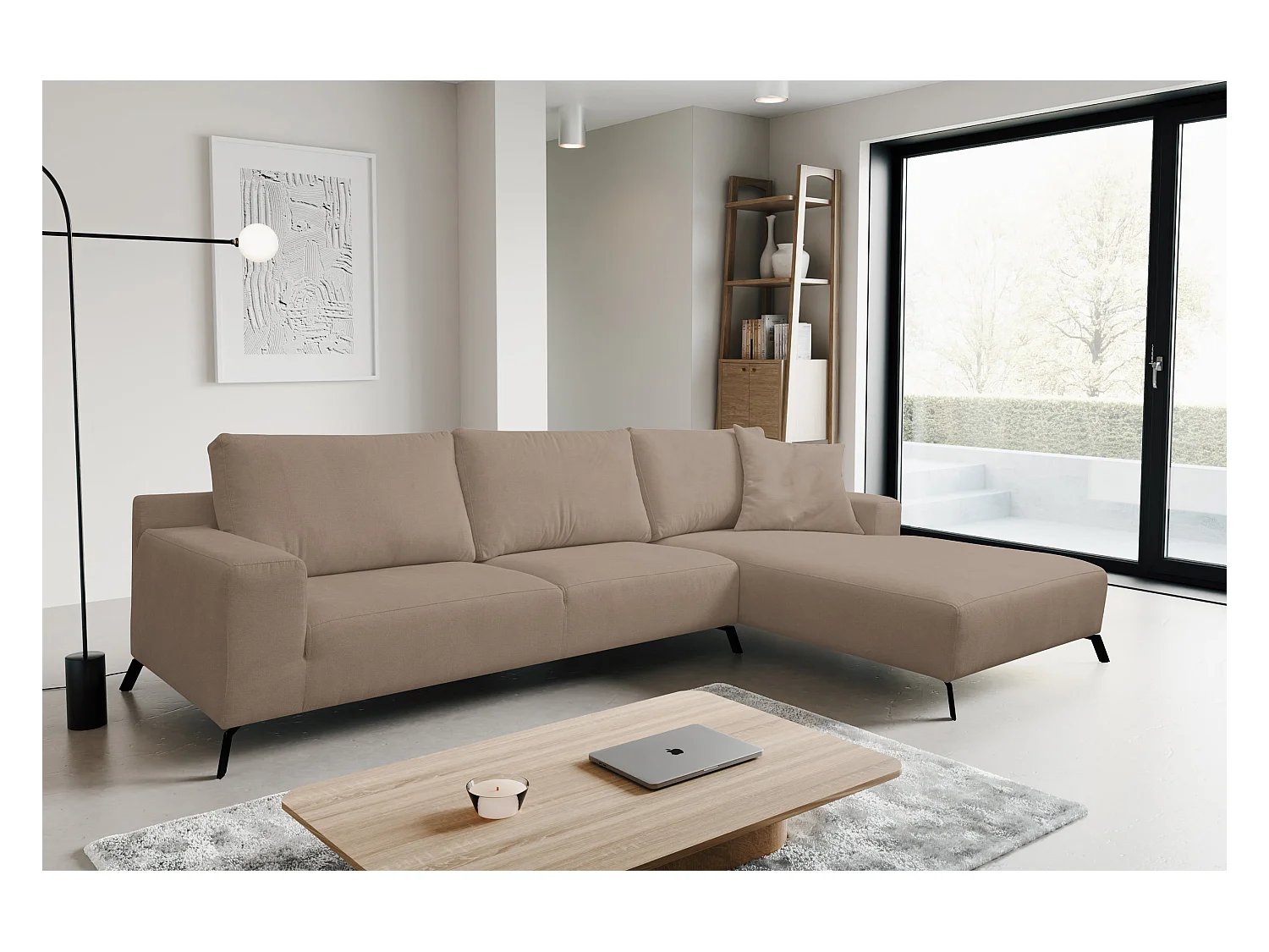 Canapé d'angle Aspen, couleur : marron, tissu velours, pouf à droite