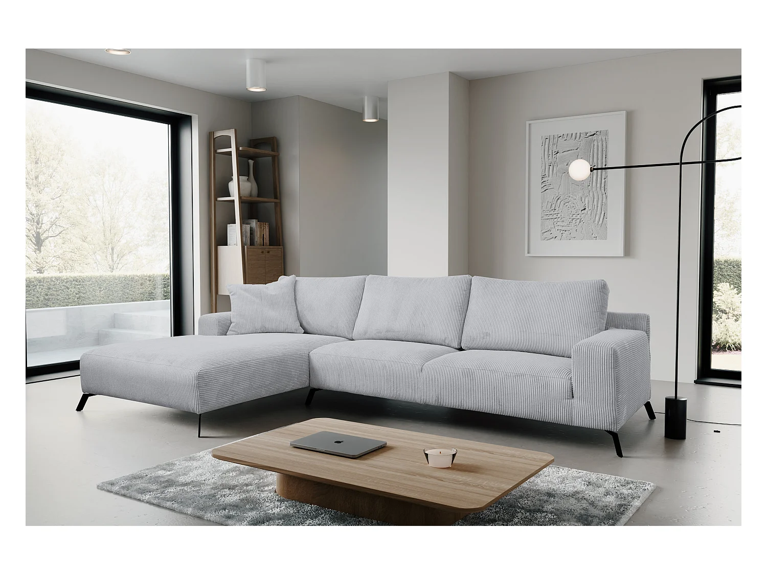 Canapé d'angle Aspen, couleur du canapé : gris clair, tissu velours côtelé, pouf à gauche