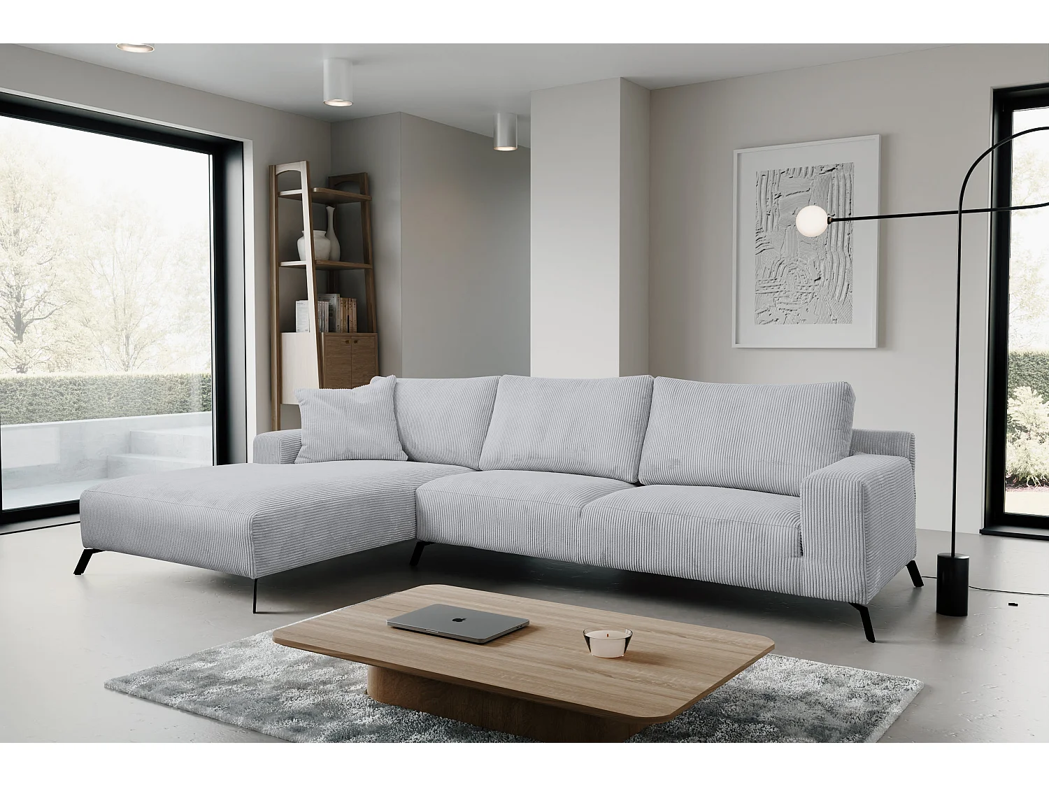 Canapé d'angle Aspen, couleur du canapé : gris clair, tissu velours côtelé, pouf à gauche