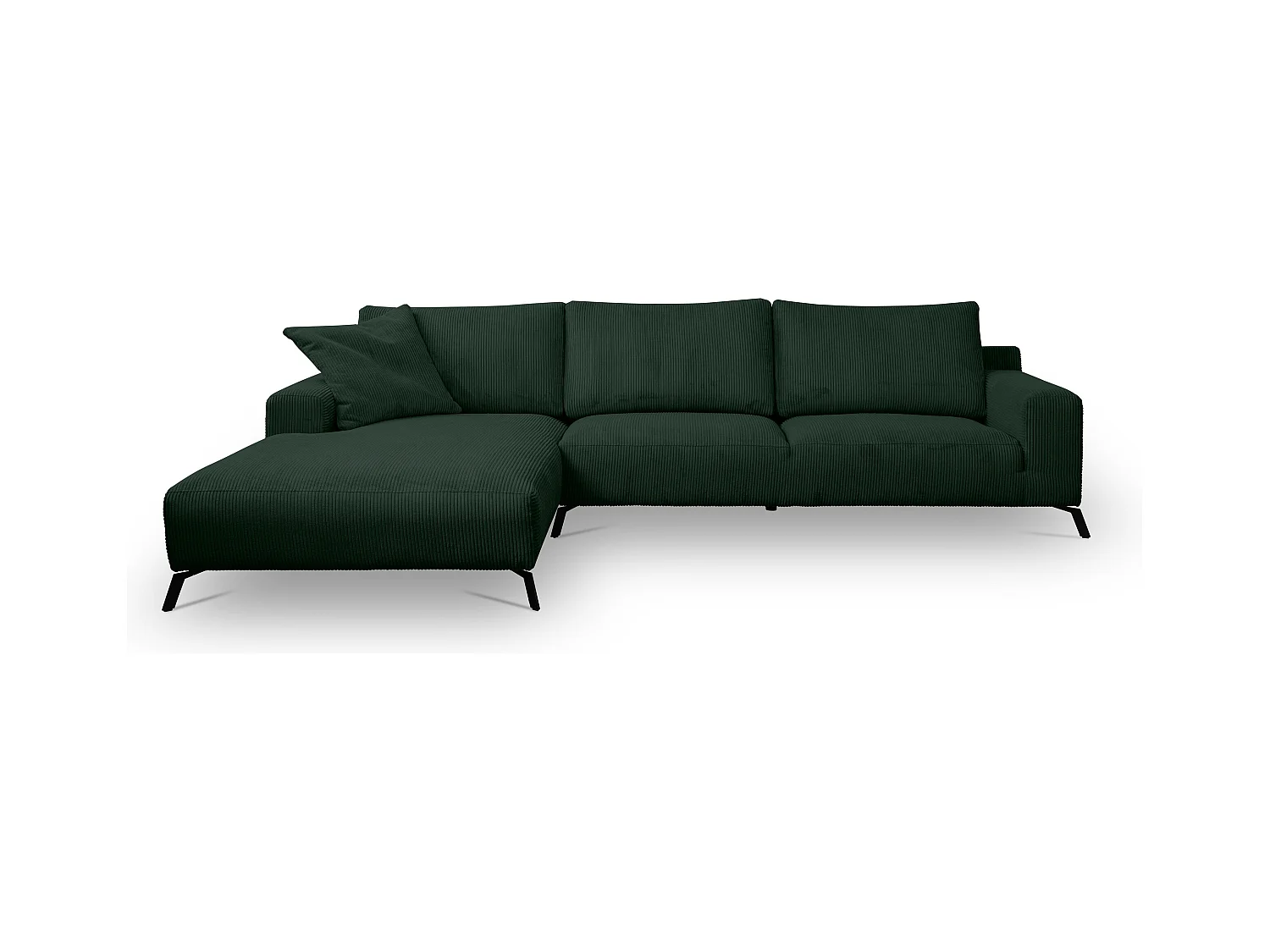 Canapé d'angle Aspen, couleur : vert, tissu velours côtelé, pouf à gauche