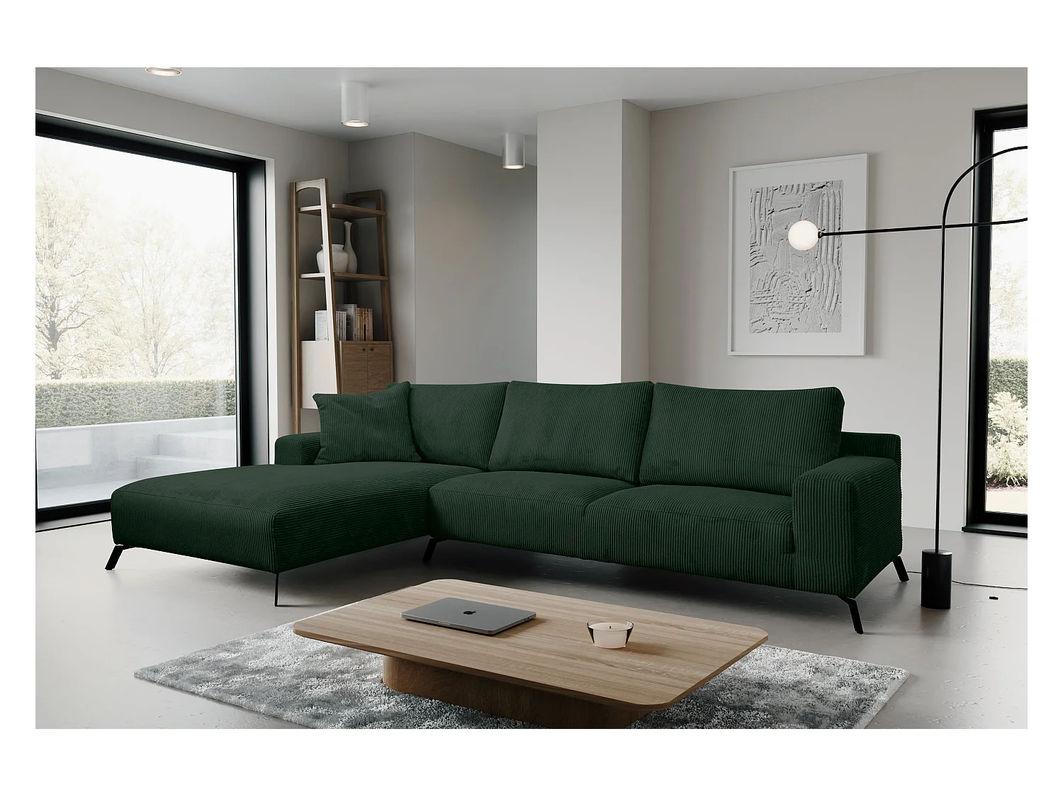 Canapé d'angle Aspen, couleur : vert, tissu velours côtelé, pouf à gauche