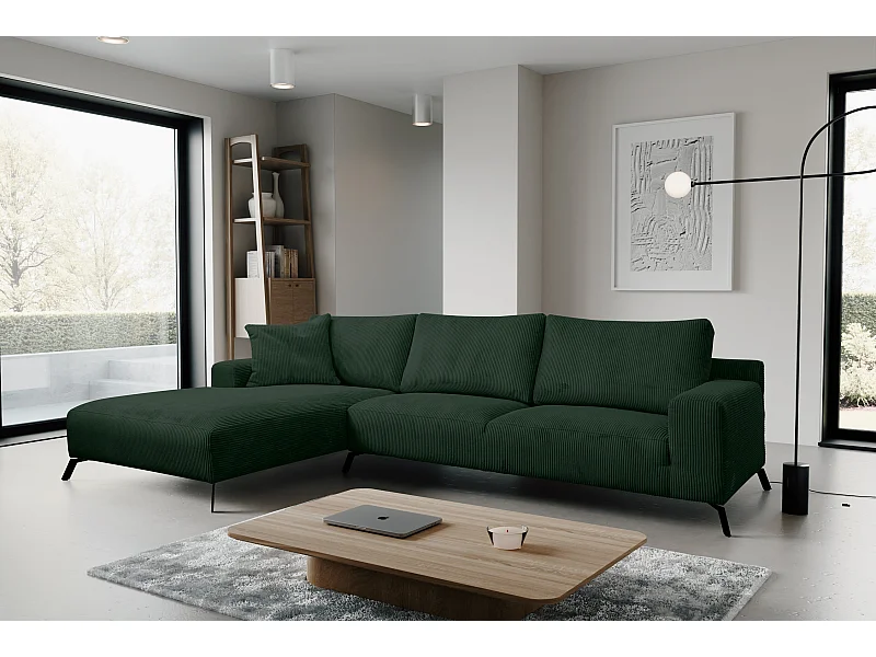 Canapé d'angle Aspen, couleur : vert, tissu velours côtelé, pouf à gauche