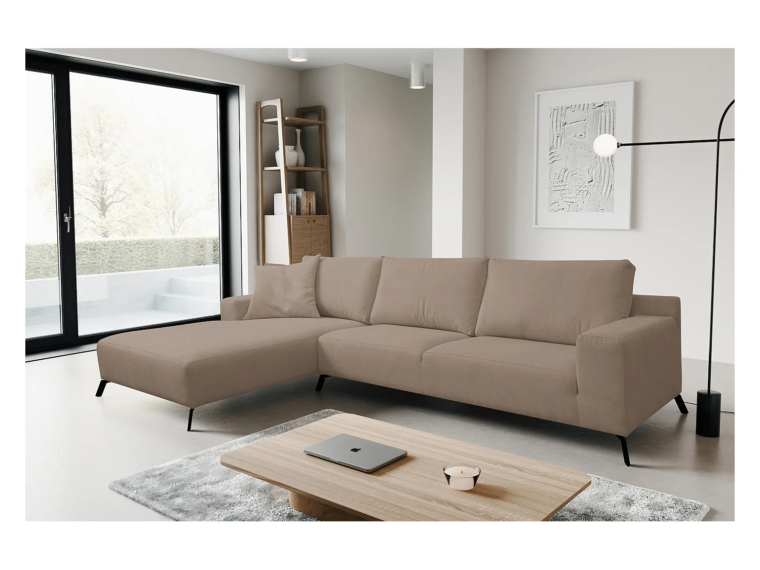 Canapé d'angle Aspen, couleur : marron, tissu velours, pouf gauche