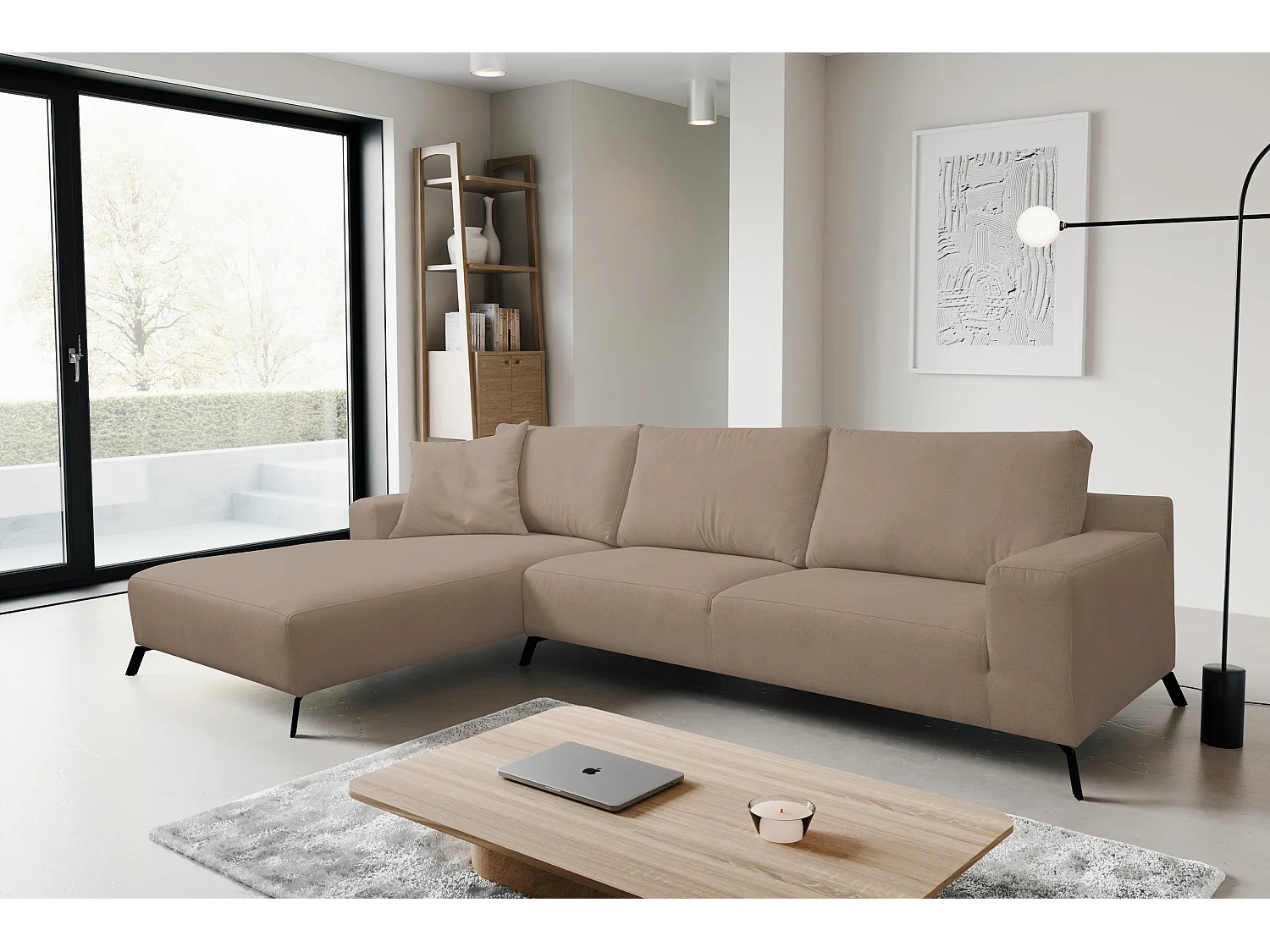 Canapé d'angle Aspen, couleur : marron, tissu velours, pouf gauche