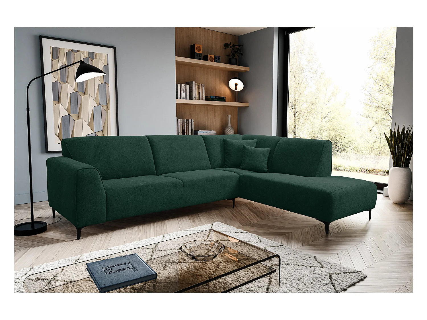 Canapé d'angle Mula, couleur Coach : vert, tissu velours, pouf à droite