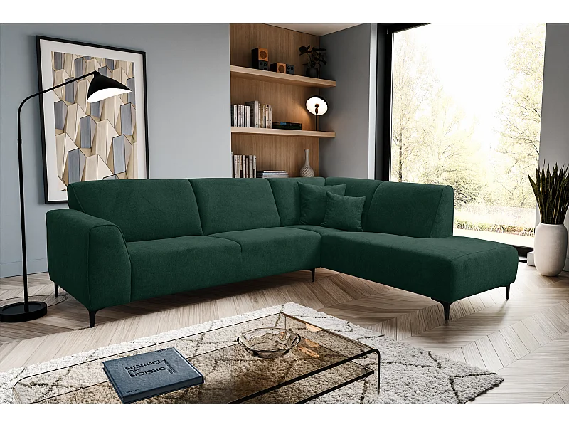 Canapé d'angle Mula, couleur Coach : vert, tissu velours, pouf à droite