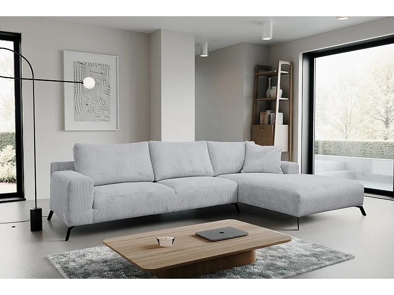 Canapé d'angle Aspen, couleur du canapé : gris clair, tissu cordé, pouf à droite