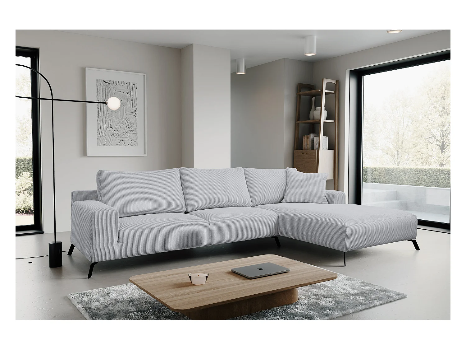 Canapé d'angle Aspen, couleur du canapé : gris clair, tissu cordé, pouf à droite