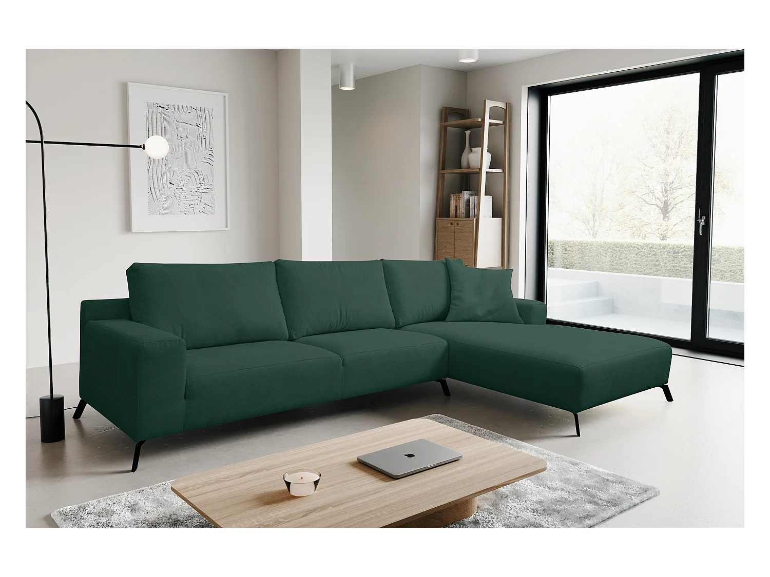Canapé d'angle Aspen, couleur du canapé : vert, tissu velours, pouf à droite