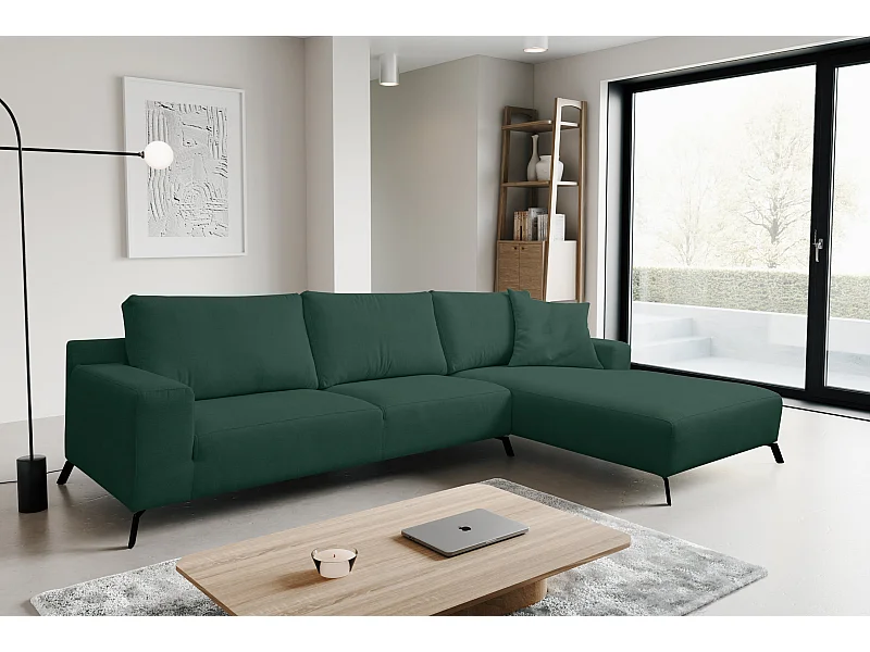 Canapé d'angle Aspen, couleur du canapé : vert, tissu velours, pouf à droite