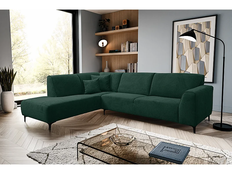 Canapé d'angle Mula, couleur : vert, tissu velours, pouf gauche