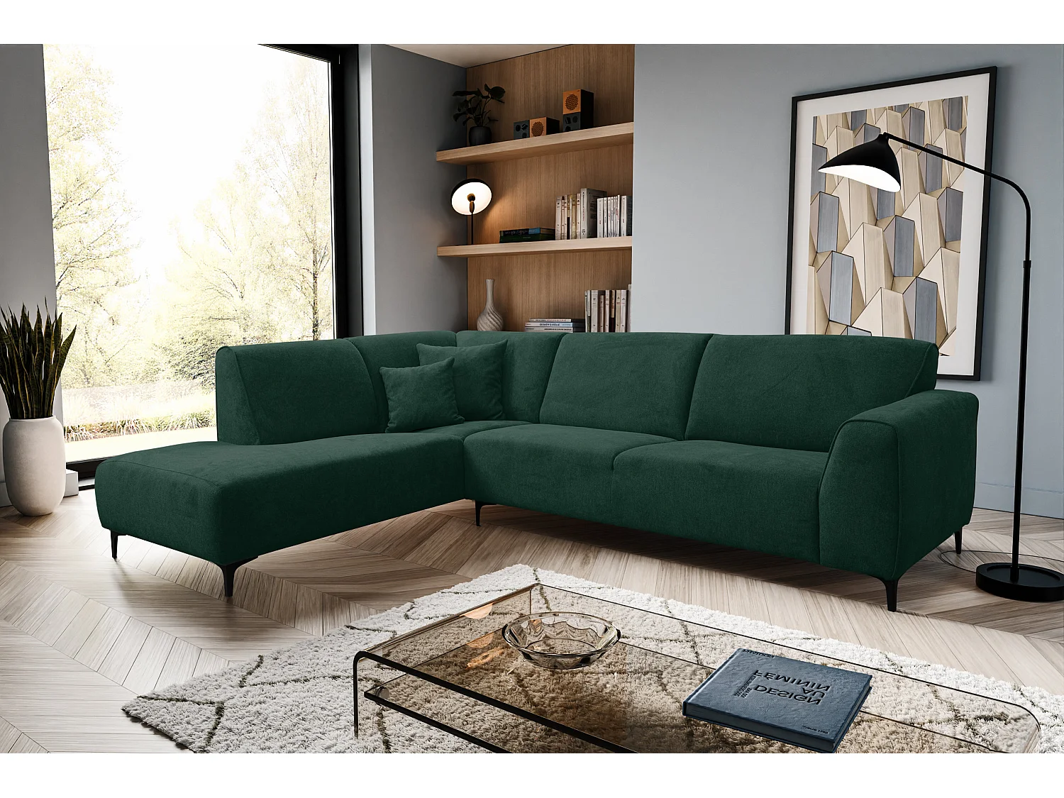 Canapé d'angle Mula, couleur : vert, tissu velours, pouf gauche