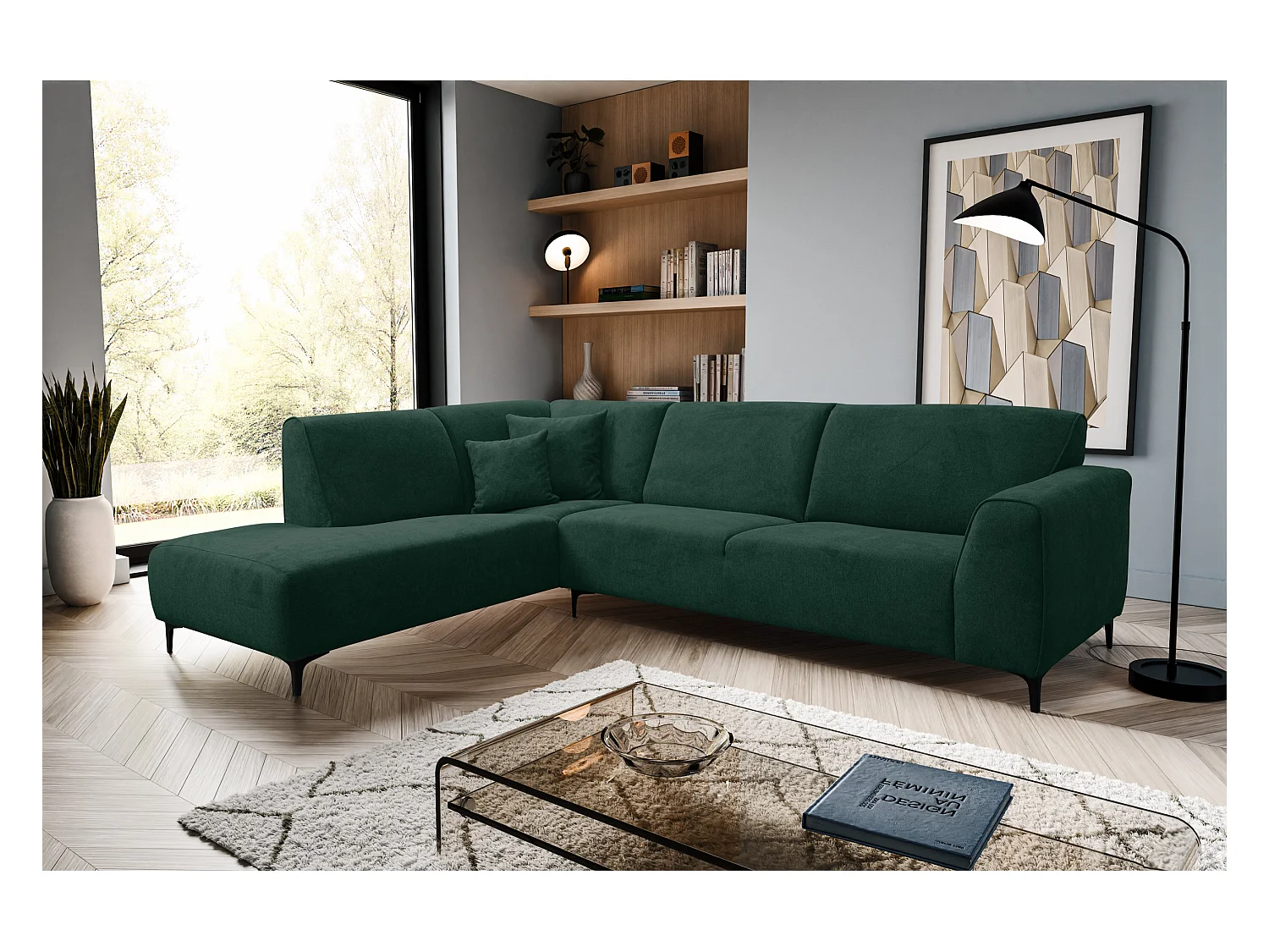 Canapé d'angle Mula, couleur : vert, tissu velours, pouf gauche