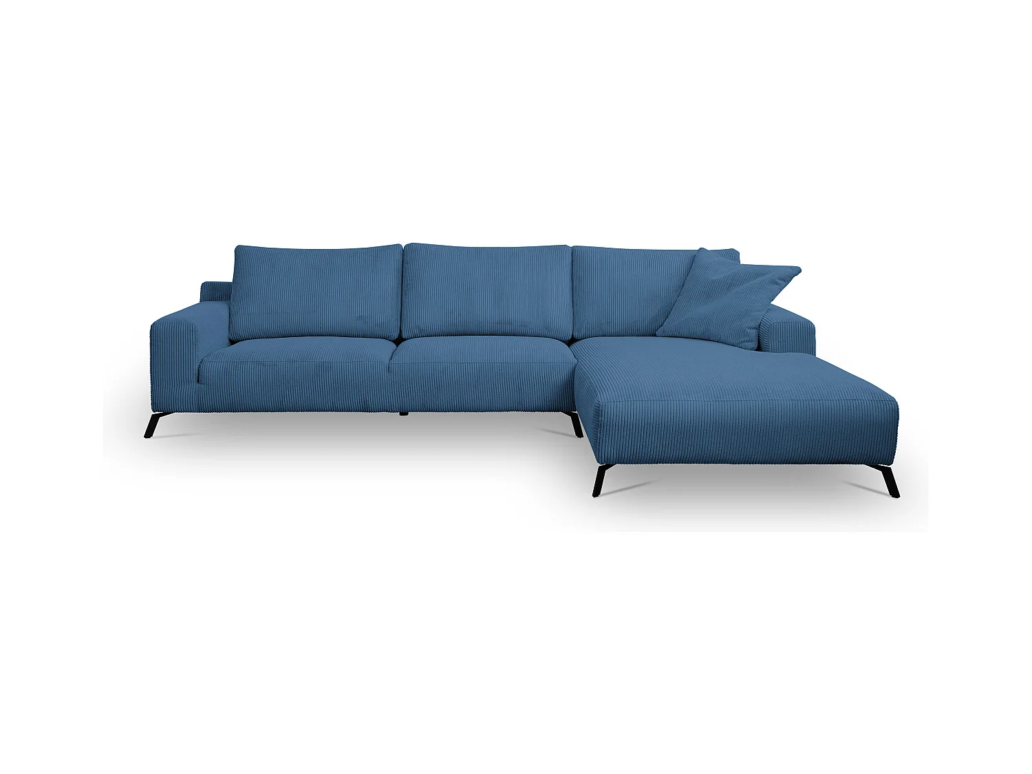 Canapé d'angle Aspen, couleur du canapé : bleu, tissu velours côtelé, pouf à droite