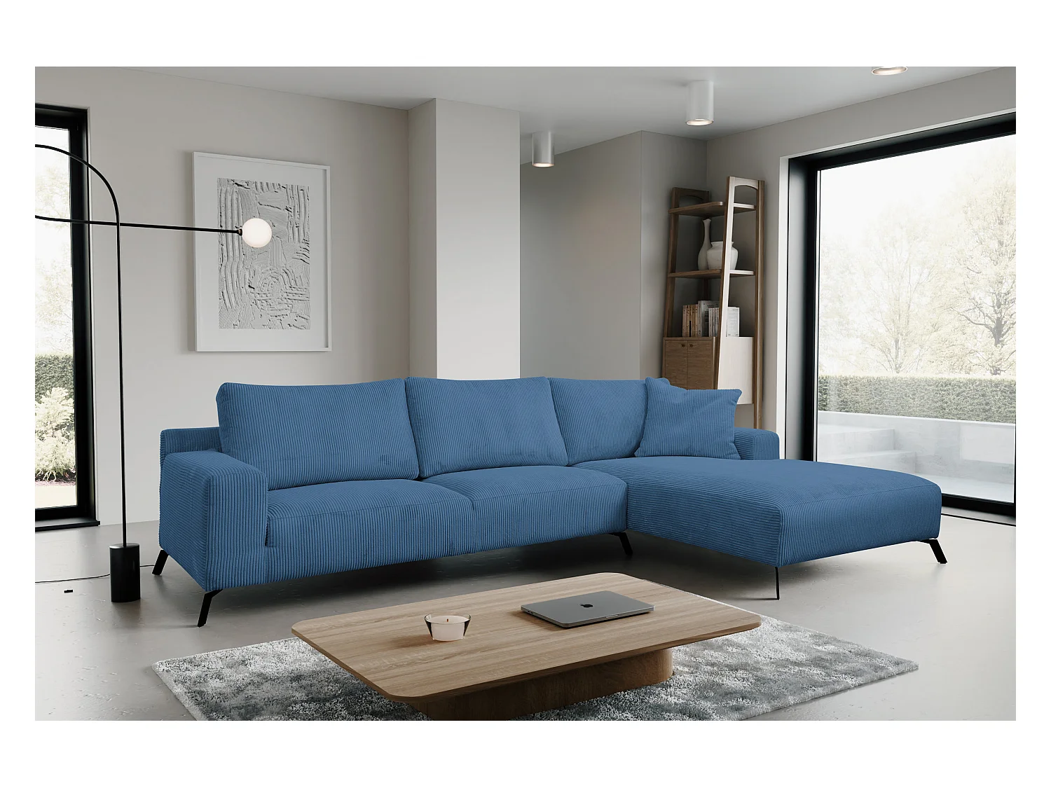 Hoekbank Aspen, hoekbank in L-vorm, kleur: blauw, corduroy, ottomane rechts
