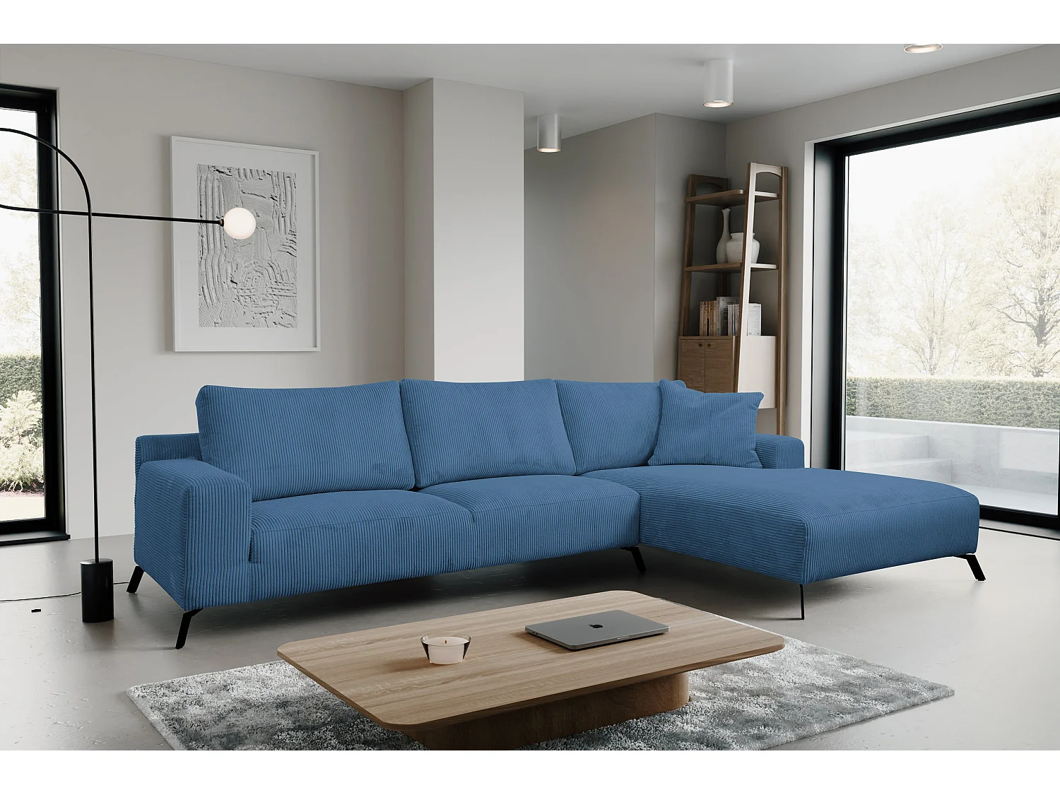 Canapé d'angle Aspen, couleur du canapé : bleu, tissu velours côtelé, pouf à droite