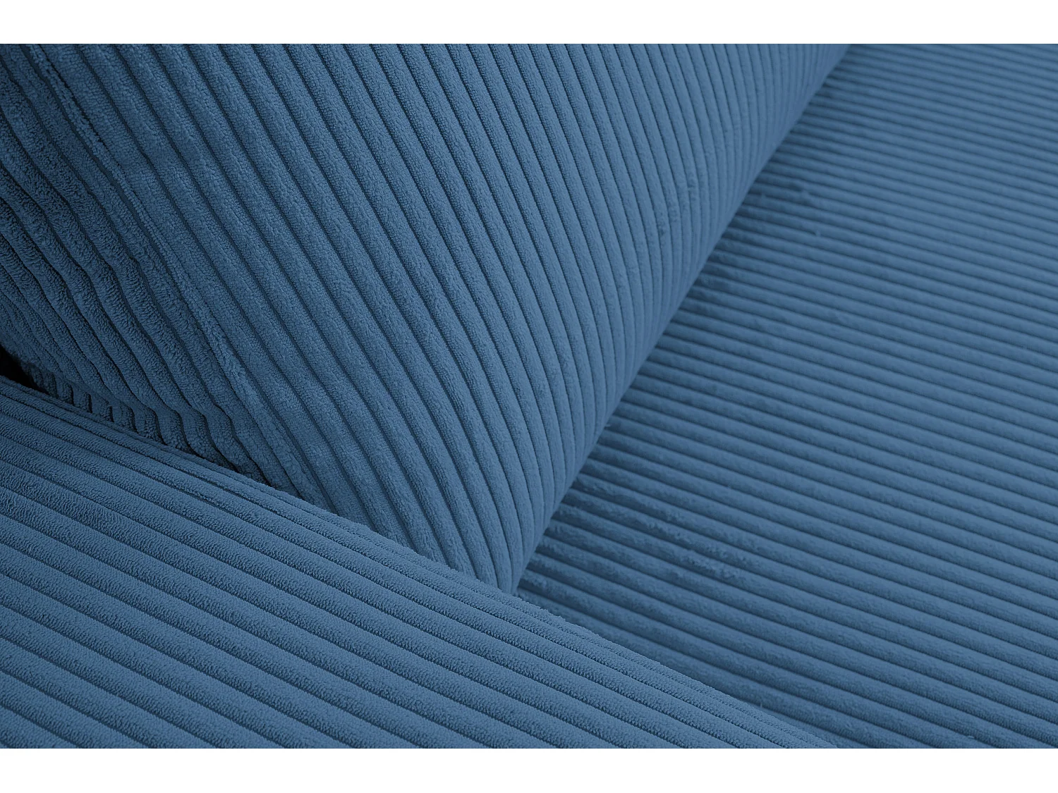 Canapé d'angle Aspen, couleur du canapé : bleu, tissu velours côtelé, pouf à droite