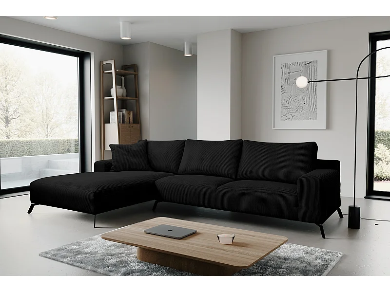Hoekbank Aspen, hoekbank in L-vorm, kleur: zwart, corduroy, ottomane links